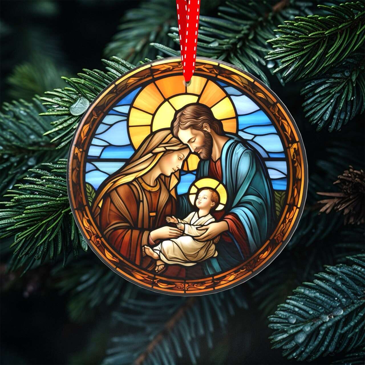 Heavenly Glow - Set of 7 Stained Glass Nativity Scene Ornaments, UV Printed Porcelain