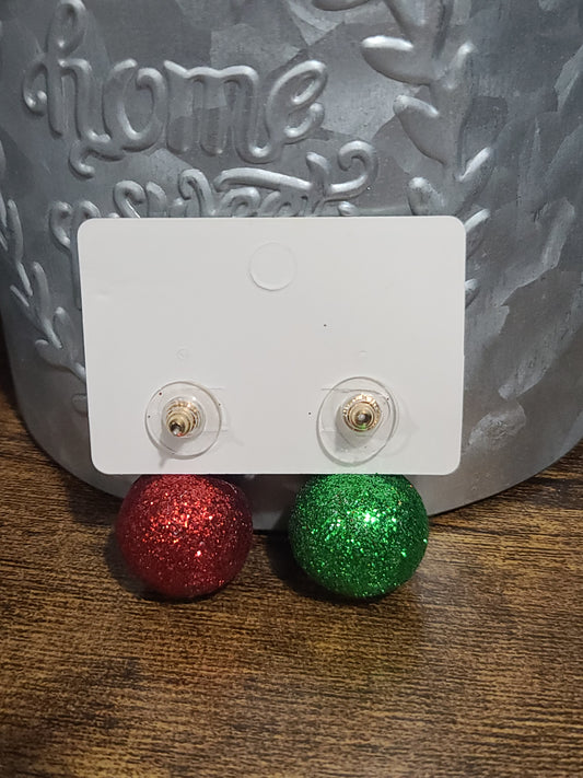 Christmas Asymmetric Earrings Red & Green Glitter Ball