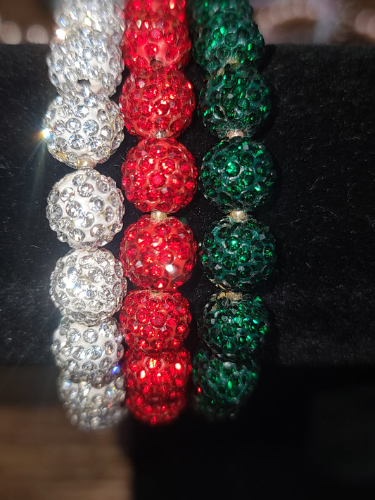 Three Strand Set of Christmas Bling Handmade Stretch Beaded Bracelets - Red, Green, Silver