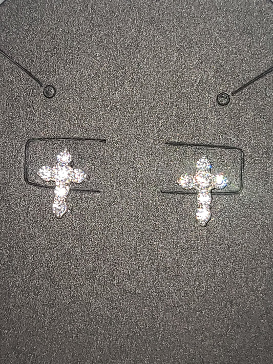Sterling Silver Miniature CZ Cross Studded Earrings with Six 2mm CZs