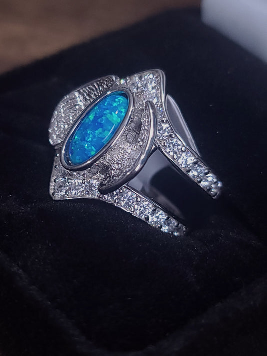 Rhodium Plated Sterling Silver Double Band CZ Angel Wing Ring with Blue Opal Stone, Size 5