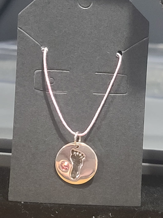 Sterling Silver Baby Girl Footprint Charm with Pink Crystal