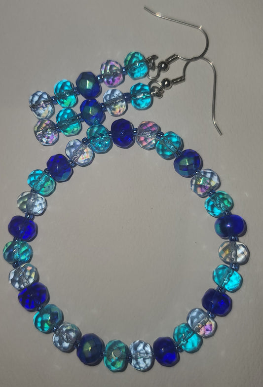 Handmade Stretch Multi-colored Blue Iridescent Glass Beaded Bracelet and Earring Set
