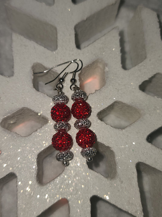 Christmas Bling Handmade Earrings - Red and Silver Rhinestones