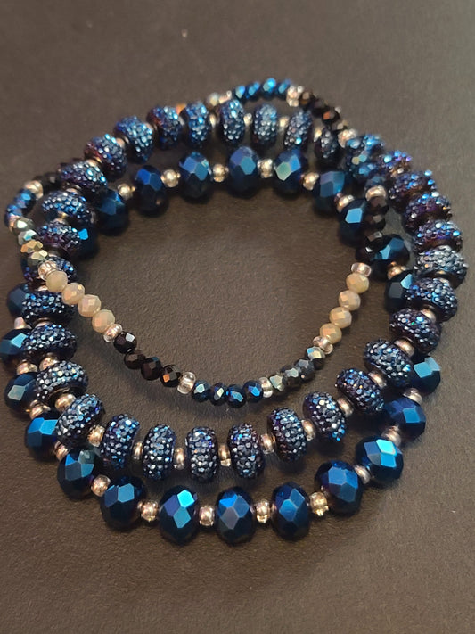 Handmade Blue Stretch Glass Beaded Bracelet Set of 3