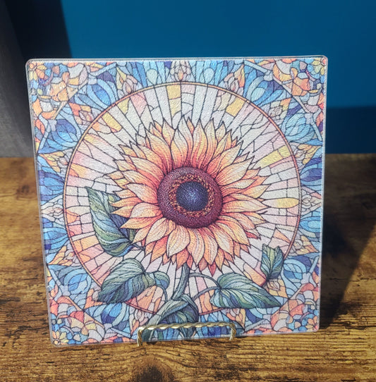 Sunflower Stained Glass Look Square Glass Trivet or Cutting Board