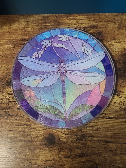 Dragonfly Stained Glass Look Square Glass Trivet or Cutting Board (Transparent)