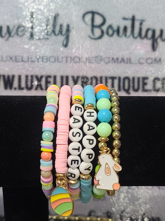 Easter 6-Piece Beaded Bracelet Set with Bunny Charms