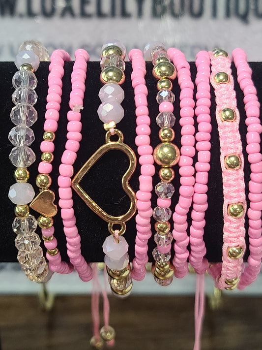 10pcs Pink Heart Glass Beaded Bracelet Set with Gold Accents, Stackable Stretch Bracelets for Women, Adjustable 7.5” Cute Aesthetic Jewelry