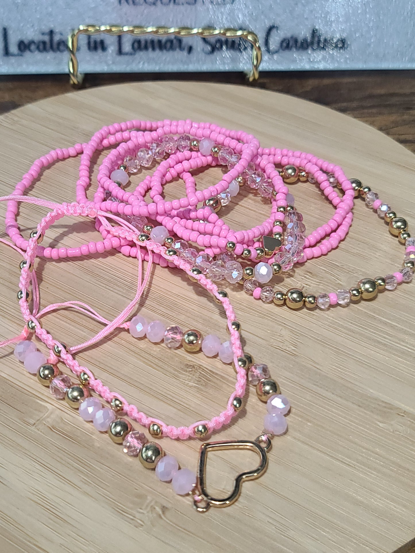 10pcs Pink Heart Glass Beaded Bracelet Set with Gold Accents, Stackable Stretch Bracelets for Women, Adjustable 7.5โ Cute Aesthetic Jewelry