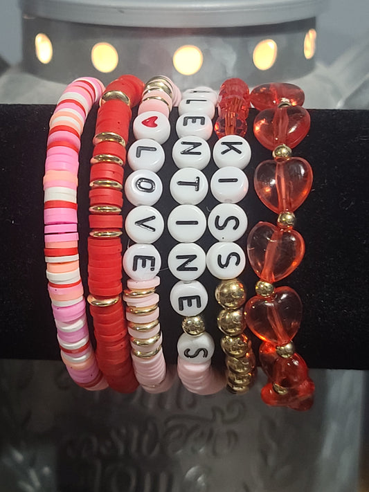 Love Theme Set of Colorful Red & Pink Stackable Stretchable Beaded Friendship Bracelets