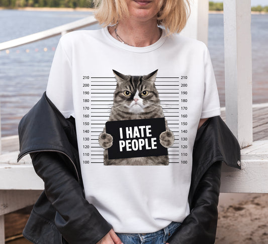 Funny Cat-Themed "I Hate People" Crew Neck Cotton Graphic Tee