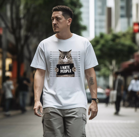 Funny Cat-Themed "I Hate People" Crew Neck Cotton Graphic Tee
