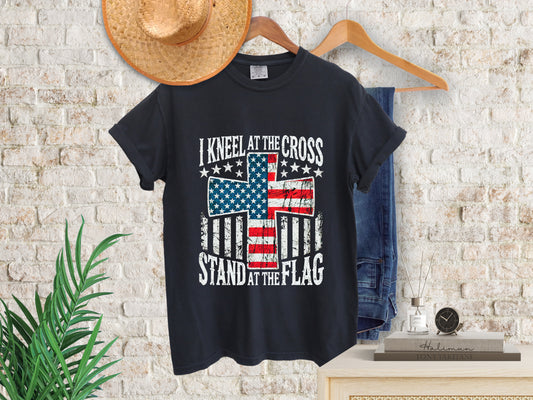 Faith Based Patriotic 'I Kneel at the Cross, Stand at the Flag' T-shirt