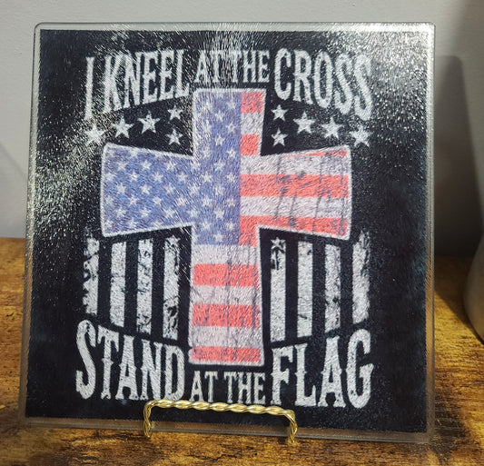Handmade Patriotic American Flag and Christian Cross Decorative Glass Trivet