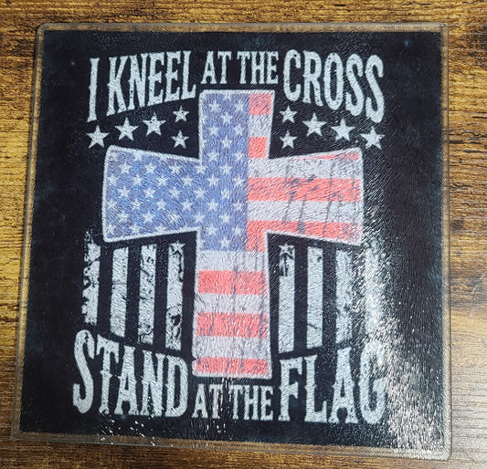 Handmade Patriotic American Flag and Christian Cross Decorative Glass Trivet
