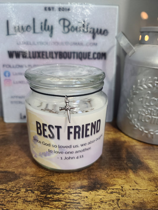 Handmade Friendship Candle, Lavender Lemon Scent, Bible Verse 1 John 4:11, Reusable Jar, Cross Pendant, Best Friend Christian Gift, 17oz