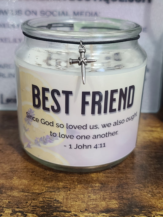 Handmade Friendship Candle, Lavender Lemon Scent, Bible Verse 1 John 4:11, Reusable Jar, Cross Pendant, Best Friend Christian Gift, 17oz