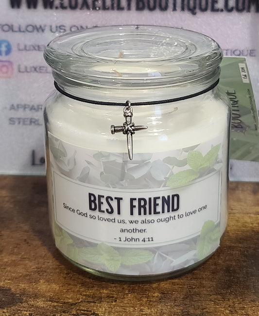 Handmade Friendship Candle, Eucalyptus Mint Scent, Bible Verse 1 John 4:11, Reusable Jar, Cross Pendant, Best Friend Christian Gift, 17oz