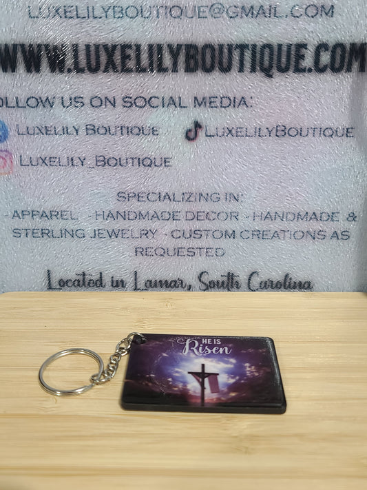 Handmade He Is Risen Keychain – Laser-Cut Wooden Christian Gift