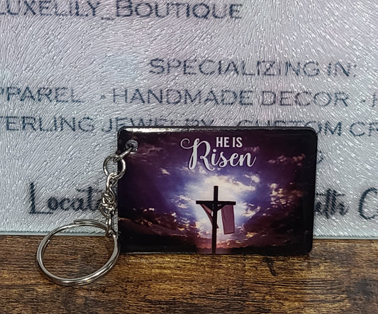 Handmade He Is Risen Keychain – Laser-Cut Wooden Christian Gift