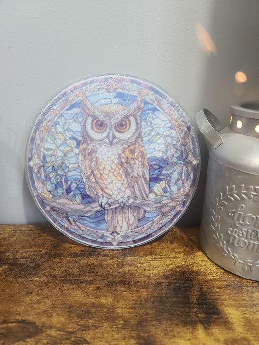 Owl Stained Glass Style Trivet Art for Home Decor - Trivet, Cutting Board, or Suncatcher