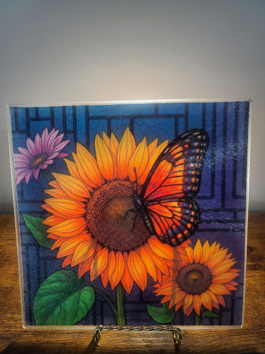Handcrafted Butterfly and Sunflower Stained Glass Look Glass Trivet Cutting Board