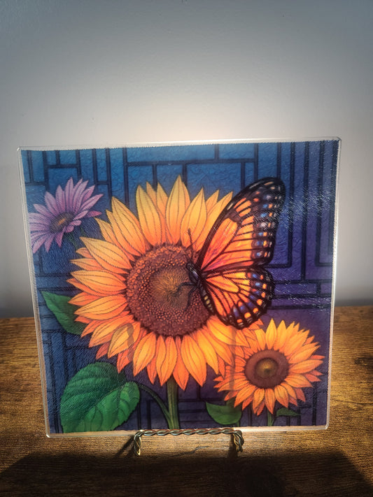 Handcrafted Butterfly and Sunflower Stained Glass Look Glass Trivet Cutting Board