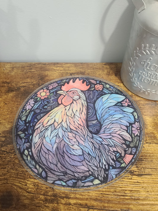 Handcrafted Chicken Stained Glass Look Glass Trivet Cutting Board