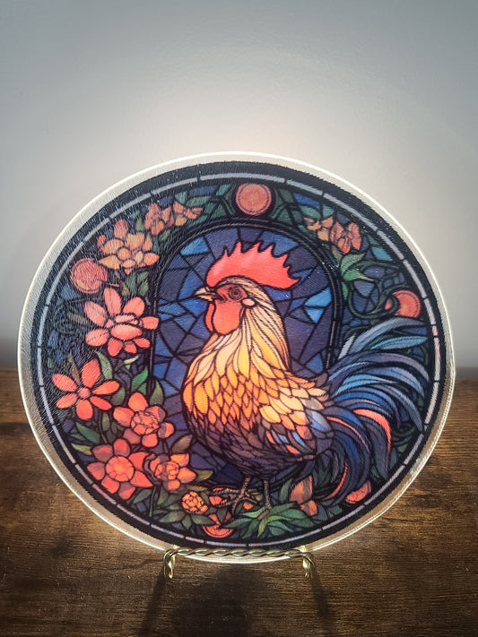 Handcrafted Rooster Stained Glass Look Glass Trivet Cutting Board