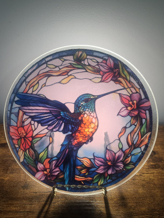 Handcrafted Hummingbird Stained Glass Look Glass Trivet Cutting Board