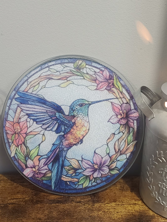Handcrafted Hummingbird Stained Glass Look Glass Trivet Cutting Board