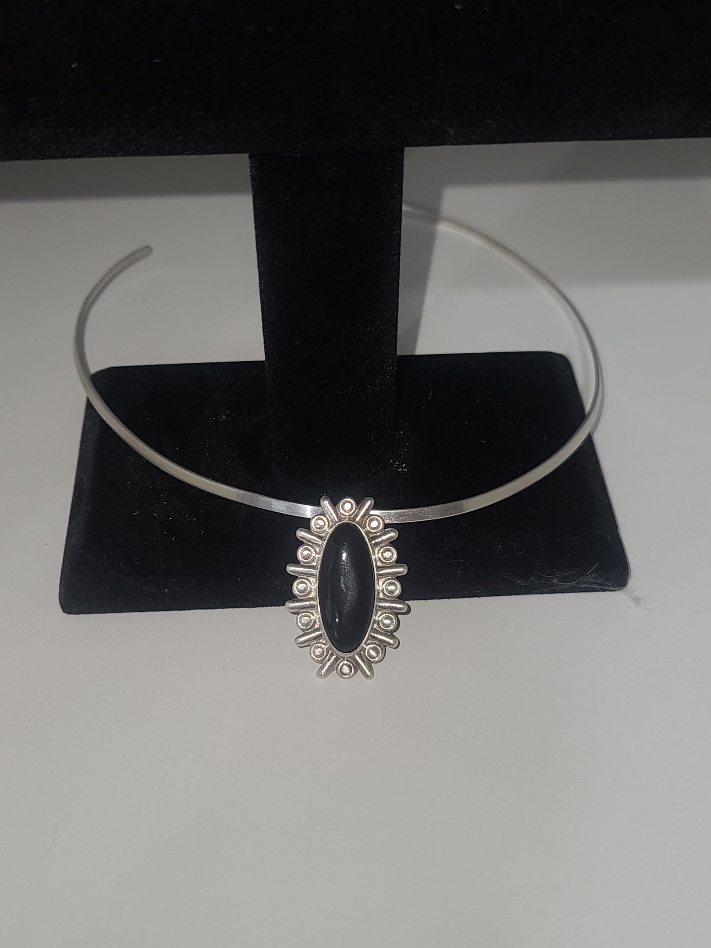Vintage Sterling Silver Black Onyx Slider Pendant & Choker