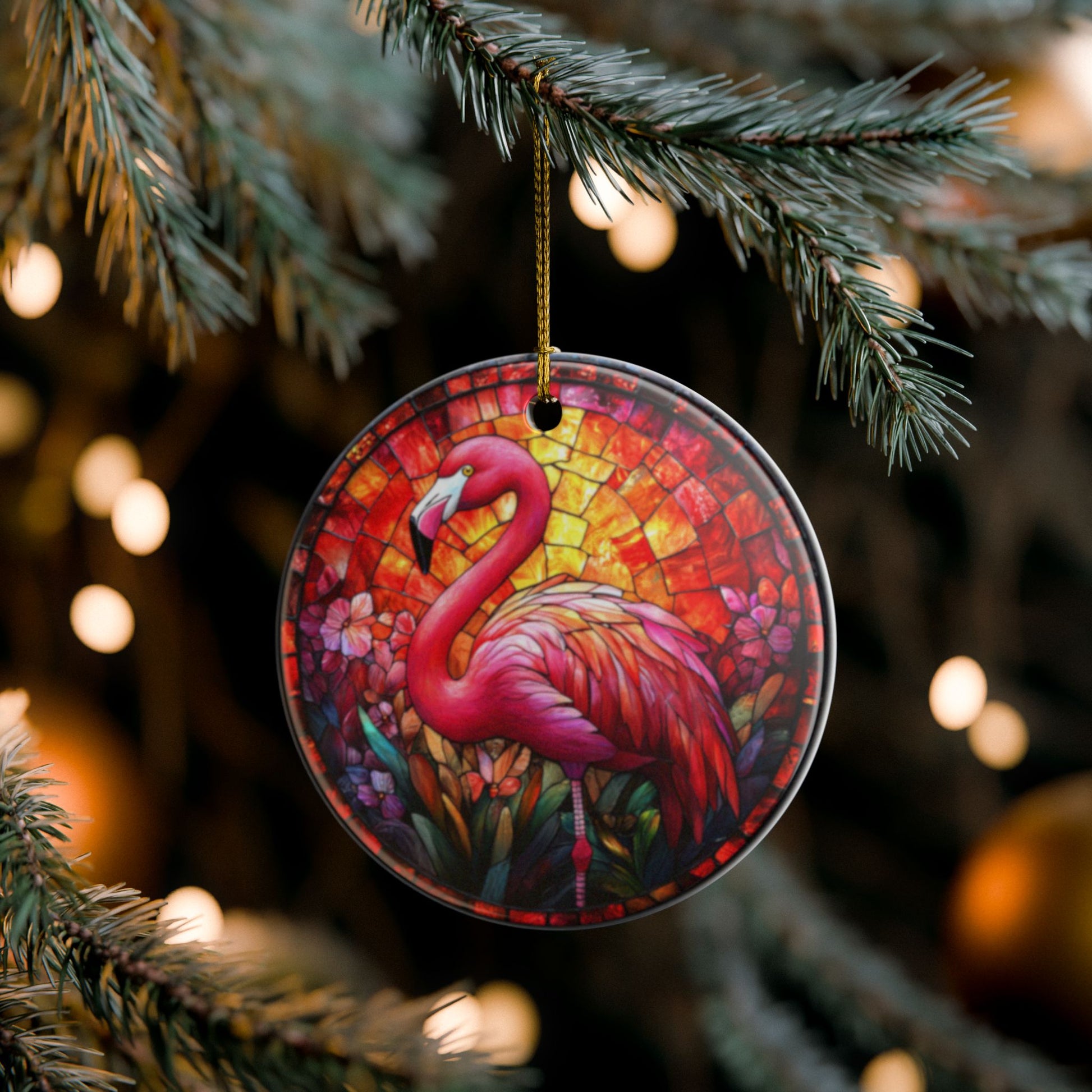 Vibrant tropical flamingo ceramic ornament hanging on Christmas tree