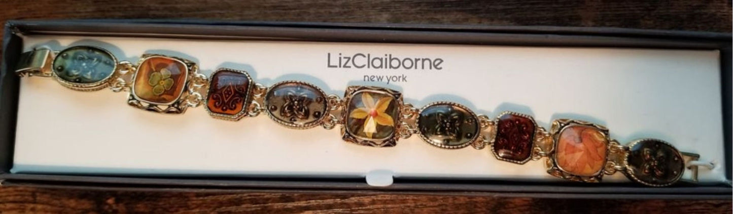 Vintage Gold Enamel Floral Medallion Link Bracelet by Liz Claiborne