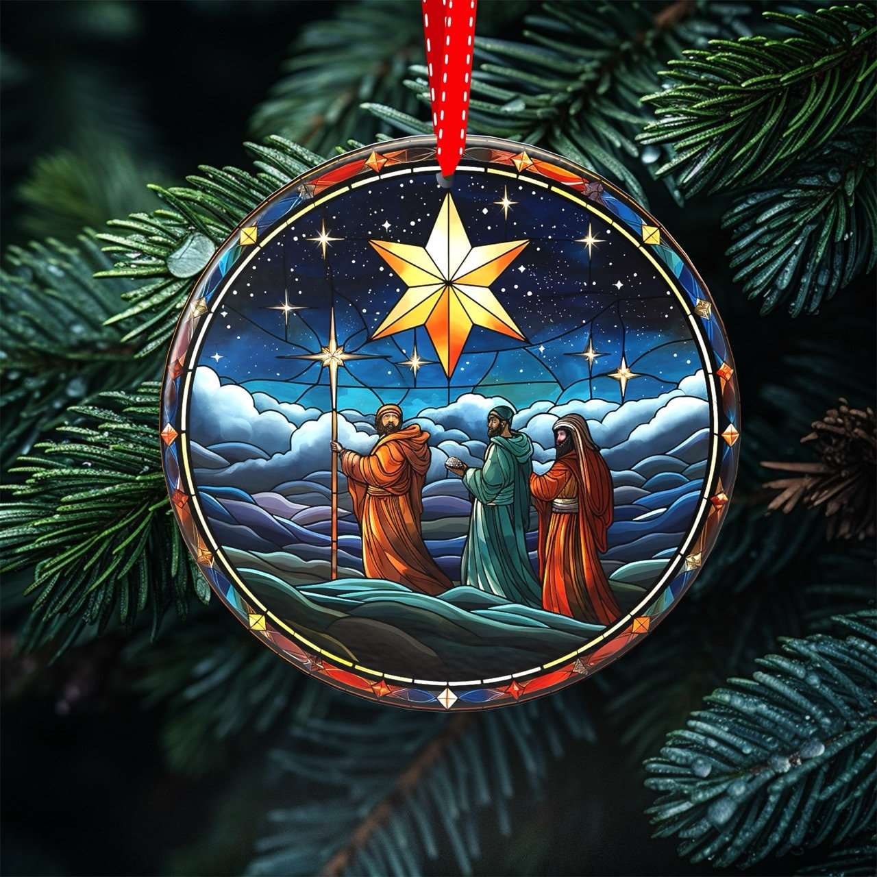 Heavenly Glow - Set of 7 Stained Glass Nativity Scene Ornaments, UV Printed Porcelain