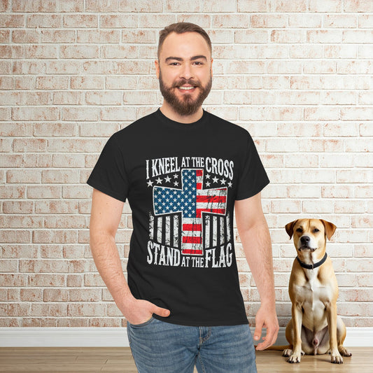 Faith Based Patriotic 'I Kneel at the Cross, Stand at the Flag' T-shirt