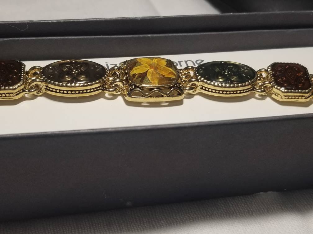 Vintage Gold Enamel Floral Medallion Link Bracelet by Liz Claiborne