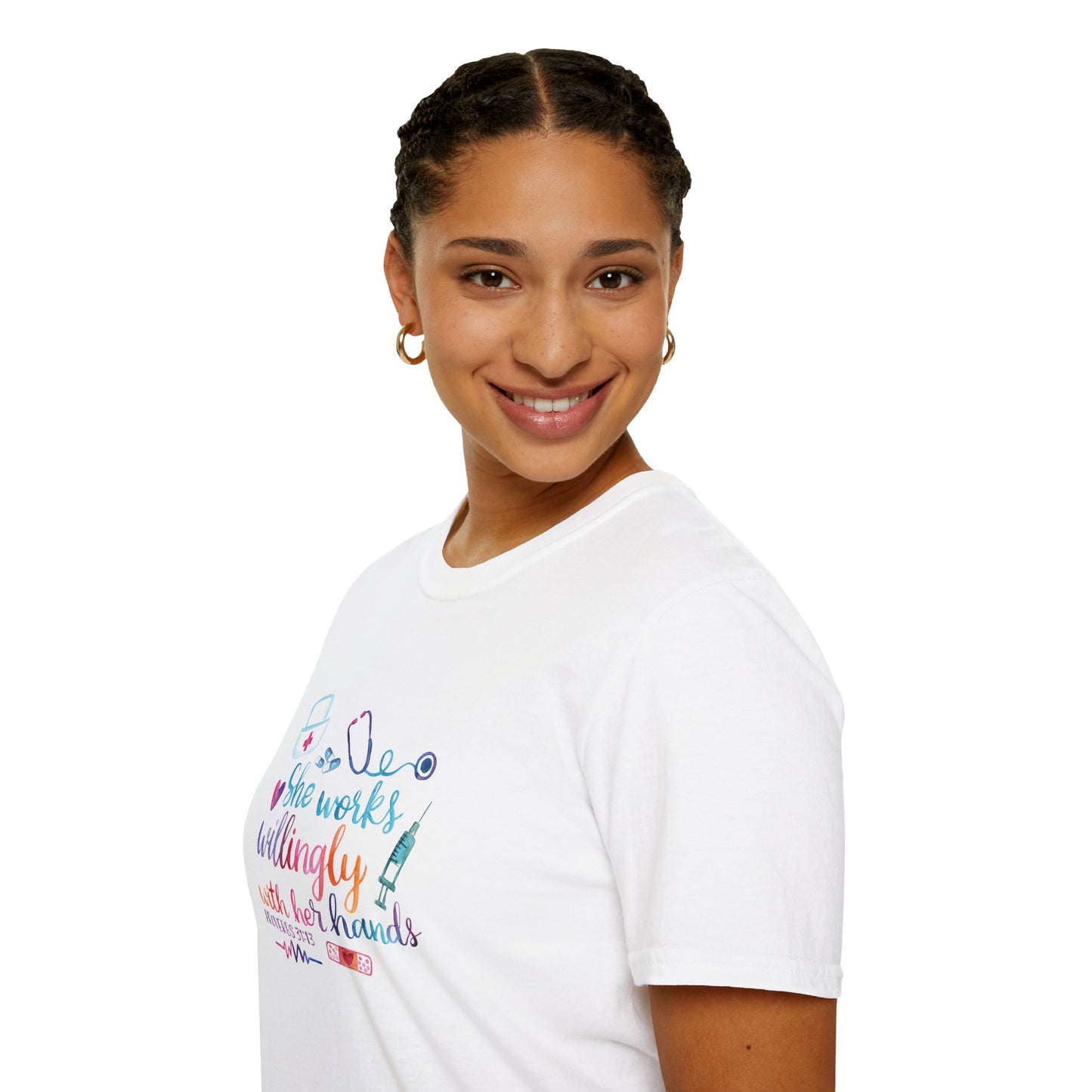She Works With Her Hands Proverbs 31:13 Tee for Nurses and Medical Personnel