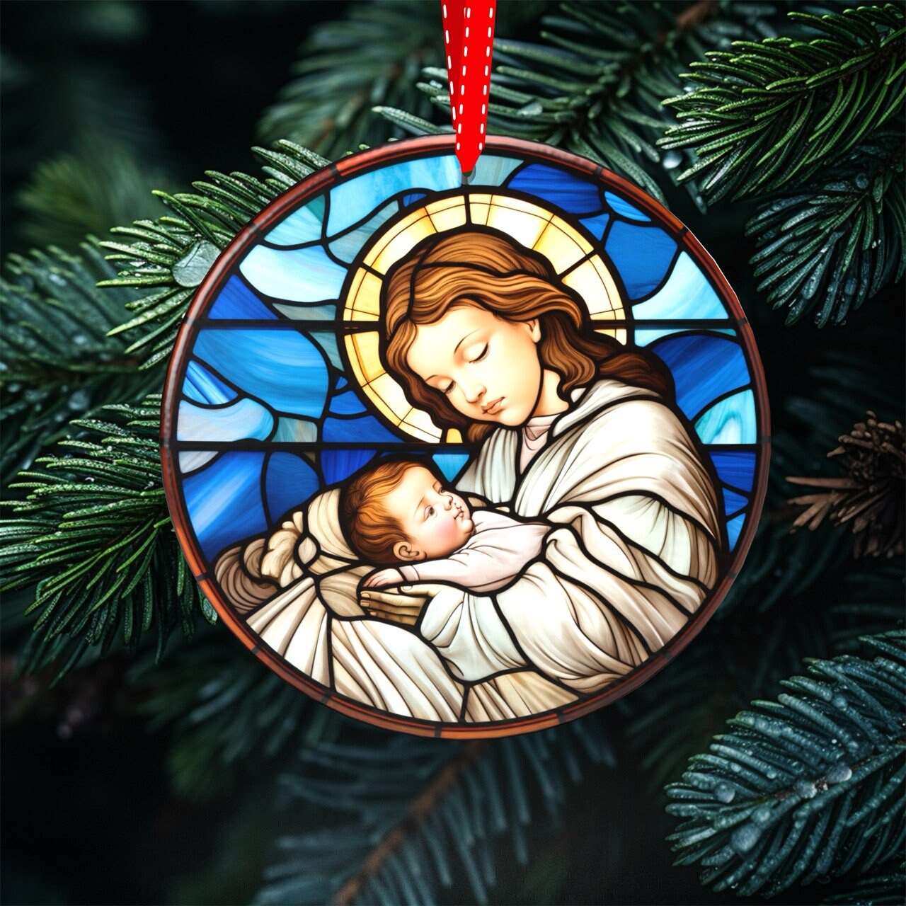 Heavenly Glow - Set of 7 Stained Glass Nativity Scene Ornaments, UV Printed Porcelain