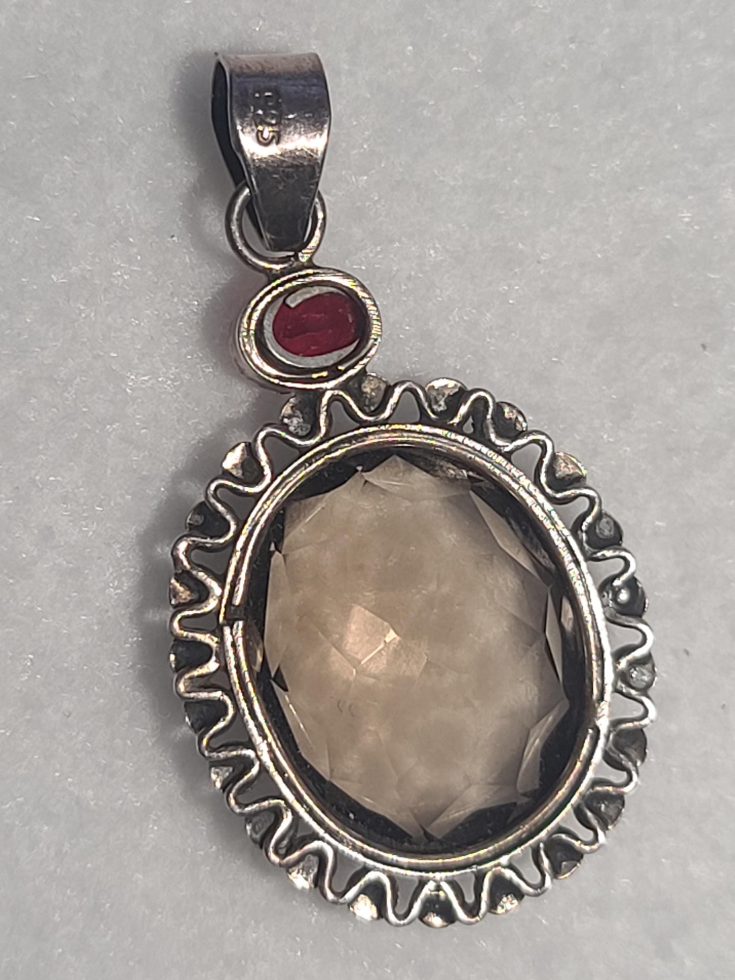 Vintage Sterling Silver, Smoky Quartz, and Garnet Pendant