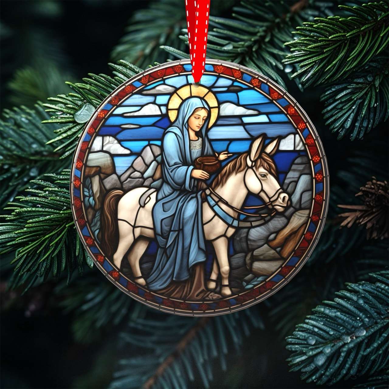 Heavenly Glow - Set of 7 Stained Glass Nativity Scene Ornaments, UV Printed Porcelain
