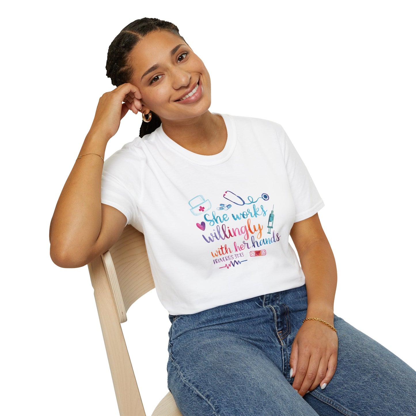 She Works With Her Hands Proverbs 31:13 Tee for Nurses and Medical Personnel