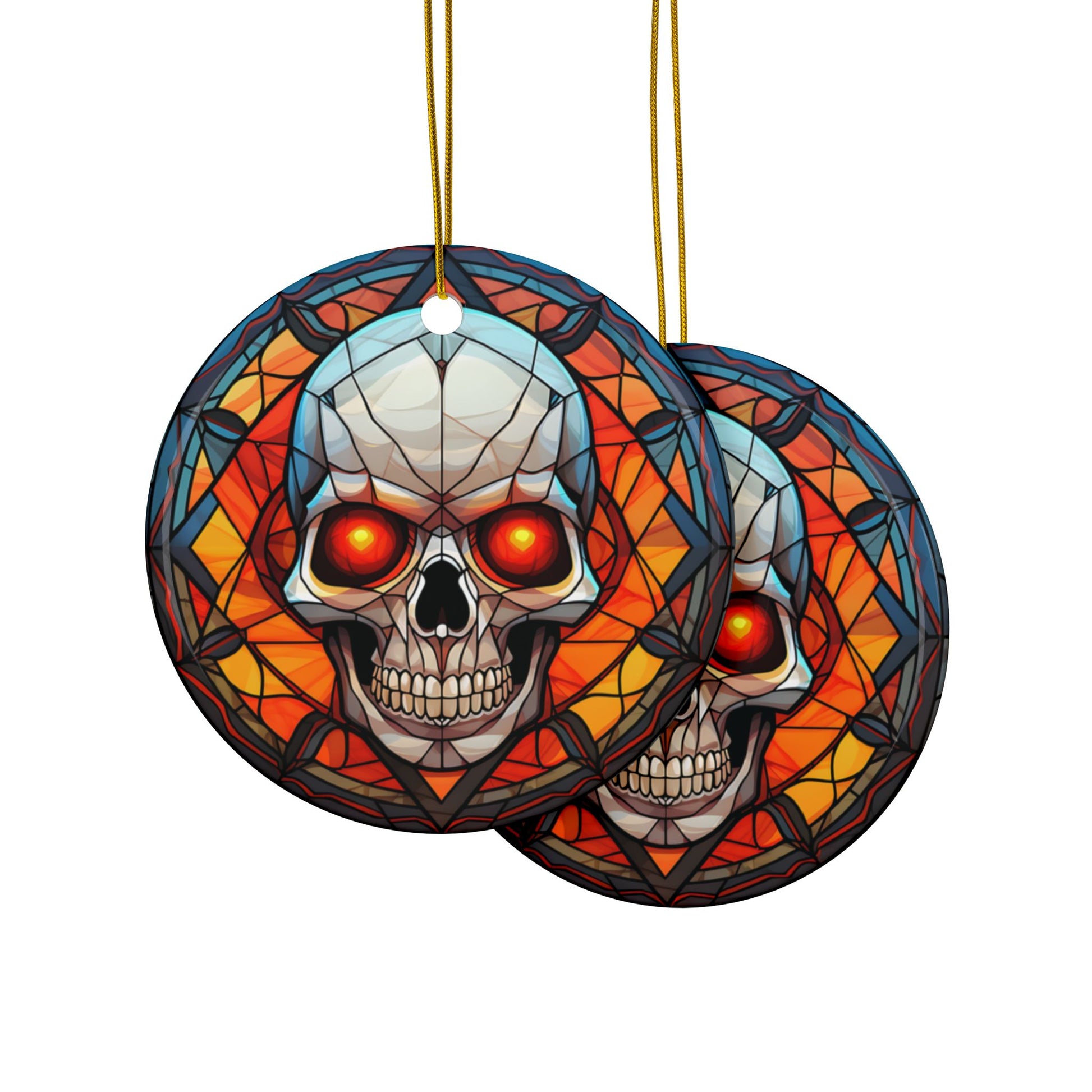 Decorative skull design with stained glass effect on a white background