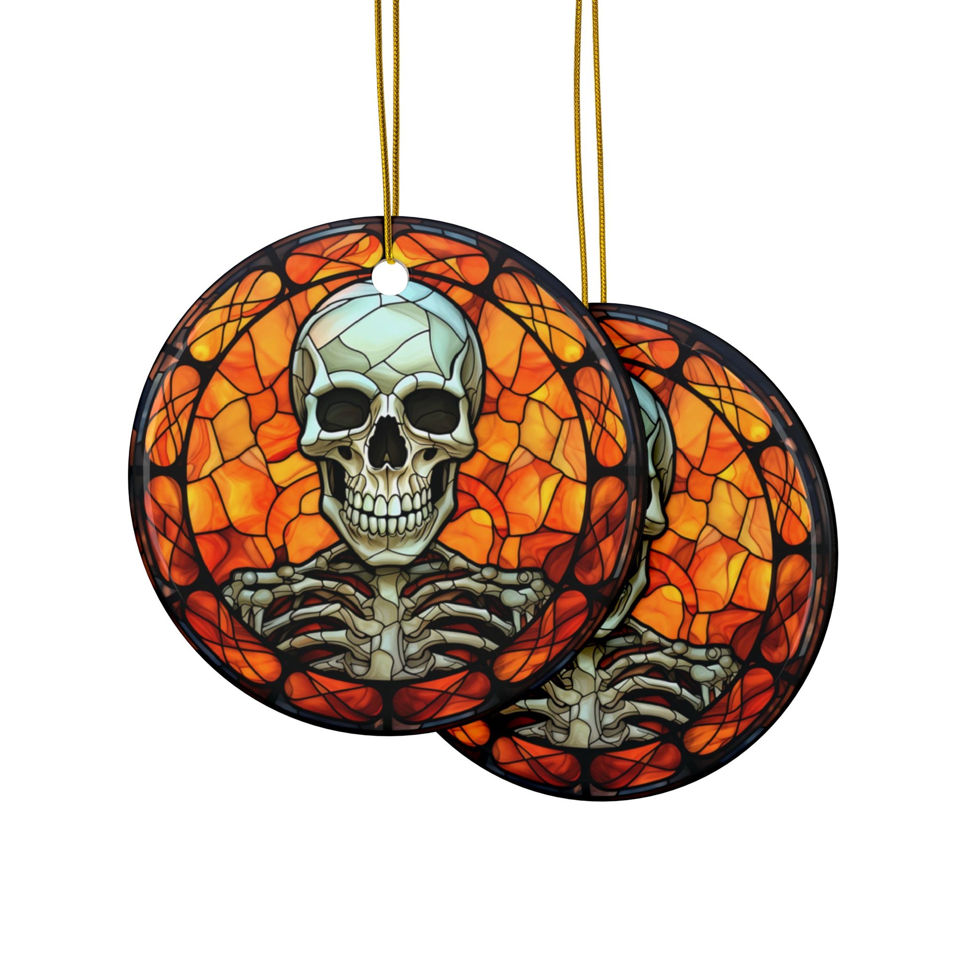 Decorative ornament with skeleton design on a stained glass background