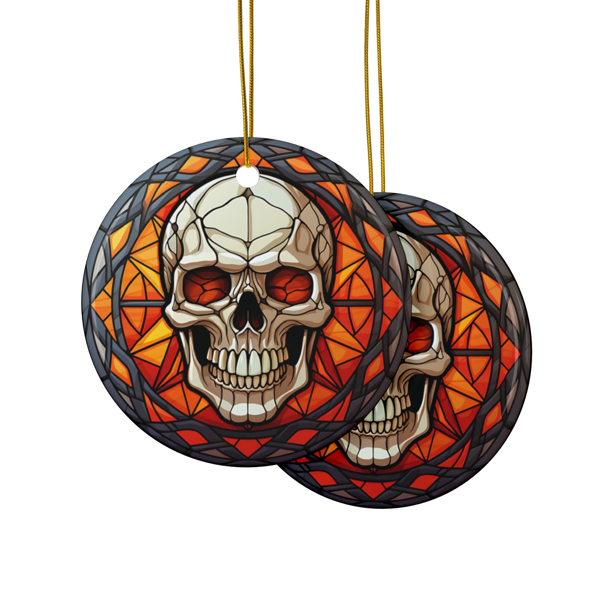 Decorative skull ornaments with stained glass design on a white background