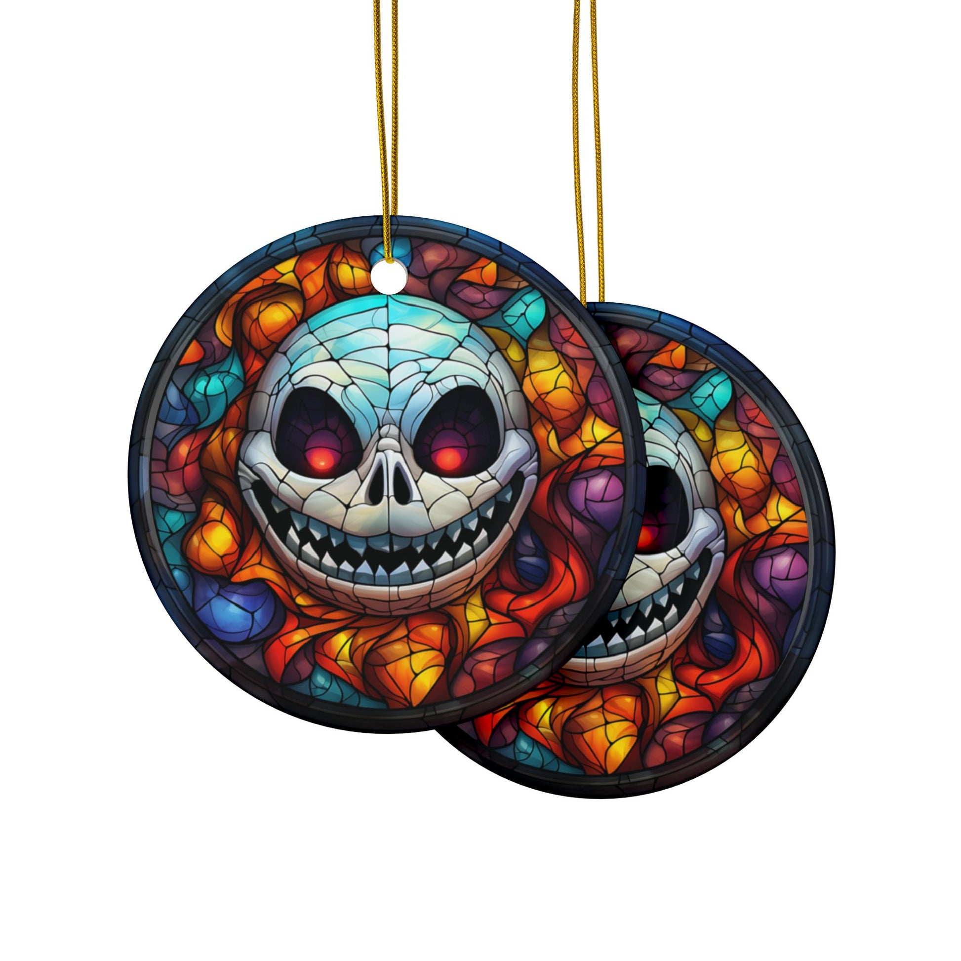 Two round, colorful skull-themed decorations with stained glass effect on a white background.