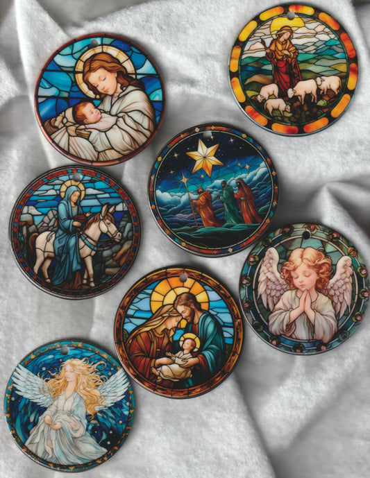 Heavenly Glow - Set of 7 Stained Glass Nativity Scene Ornaments, UV Printed Porcelain