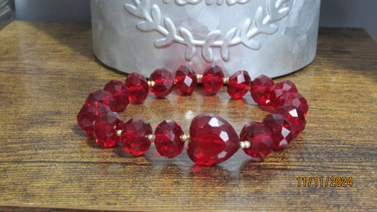 Handmade Red Faceted Glass Beaded Stretch Bracelet with Heart and Gold Beads