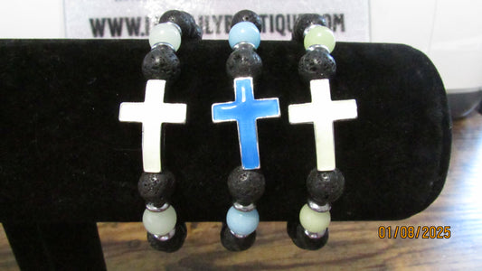 Cross Volcanic Stone Beaded Stretch Glow-in-the-Dark Bracelet for Men & Women